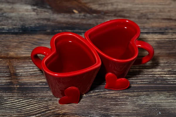 Two Red Cups Tea Wooden Background Top View Horizontal — Stok fotoğraf