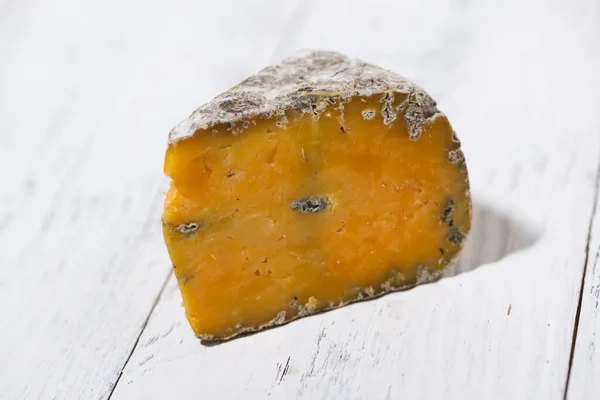 Piece Fresh Farm Cheese Mold White Table Closeup — Stock Photo, Image