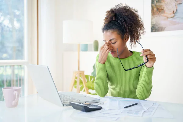 Overworked African Student Woman Headache Home — Stock Photo, Image