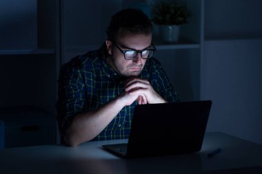 Bir adam gece geç saatlere kadar bilgisayar başında çalışıyor.