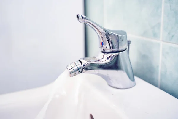 Opened Tap Water Flushing Sink — Stock Photo, Image