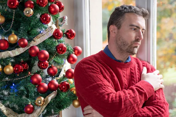 Egy Aggódó Ember Szenved Karácsonyi Stressz Szorongás — Stock Fotó