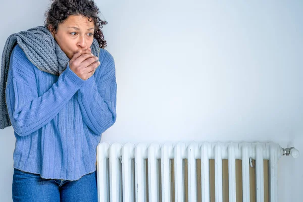 Black Woman Home Heating Problem Feeling Cold — Photo