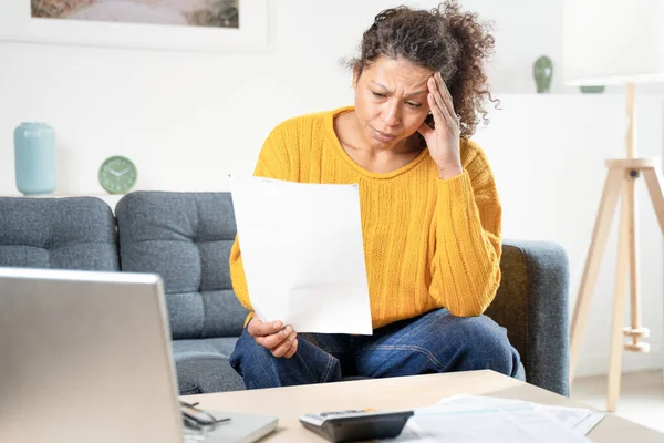 Black Woman Feeling Anxious Family Budget — Stok fotoğraf