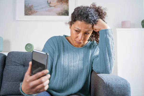 Worried Black Woman Getting Bad News Mobile Phone — стоковое фото