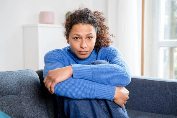 Portrait Black Woman Home Holding Legs Sofa — 스톡 사진