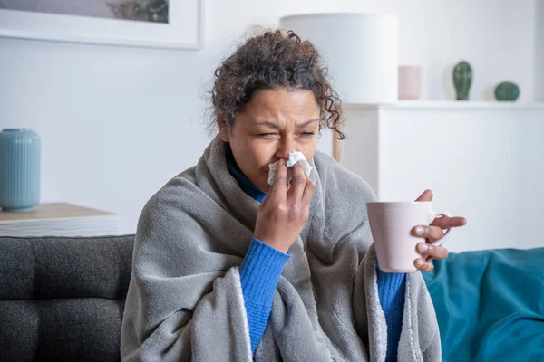 Black Woman Feeling Sick Home Blowing Nose — Stockfoto