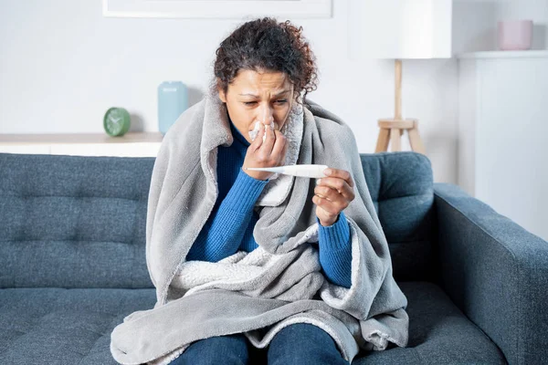 Black Woman Suffering Cold Flu Home Checking Thermometer — Stockfoto
