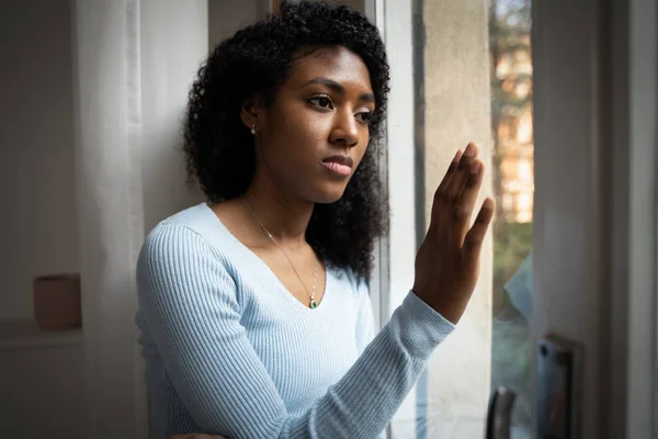 One Black Woman Depressed Front Window — Stock Photo, Image