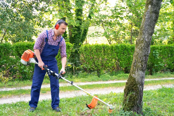 One Man Working Garden Mowing Grass Using Brush Cutter — Fotografia de Stock