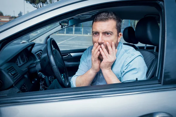 One Sad Guilty Driver Feeling Bad Car Crash — Photo