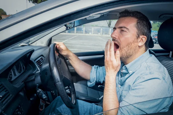 One Sleepy Driver Yawning Driving His Car —  Fotos de Stock