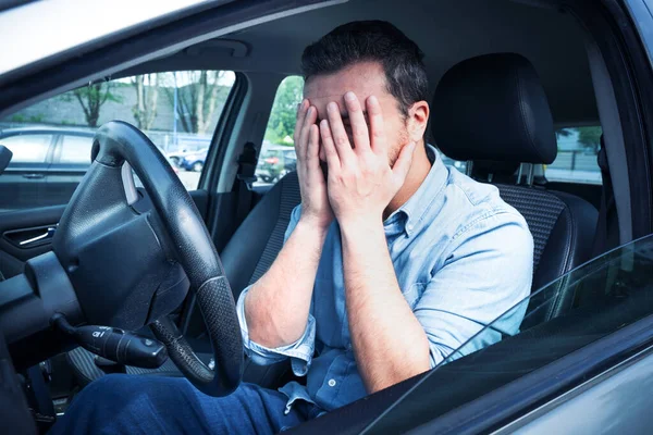 One Sad Guilty Driver Feeling Bad Car Crash — Stockfoto