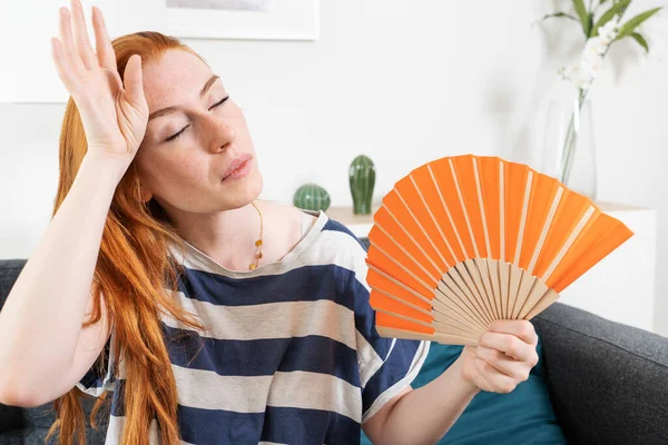 Overheated Woman Sitting Couch Girl Feeling Unwell Suffering Heating Home — Stockfoto