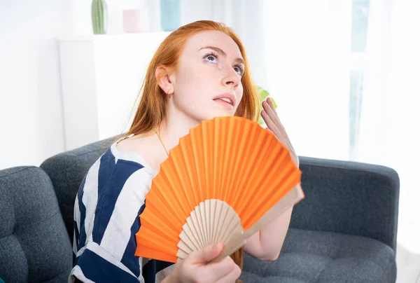 Young Woman Suffering Summer Heat Wave Home —  Fotos de Stock