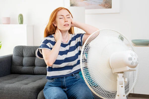 Young Woman Suffering Summer Heat Wave Home — Foto de Stock