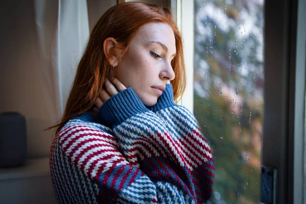 Depressed Woman Suffering Seasonal Depression Feeling Blue — Stock Photo, Image