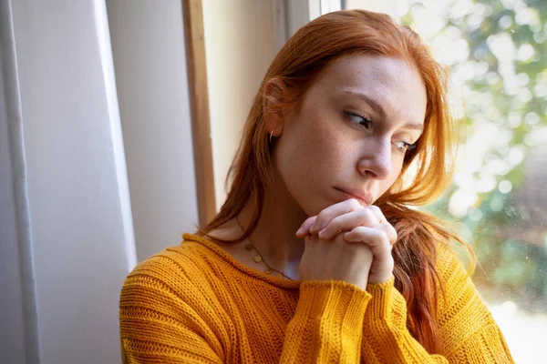 Portrait Young Woman Praying Next Window — Photo