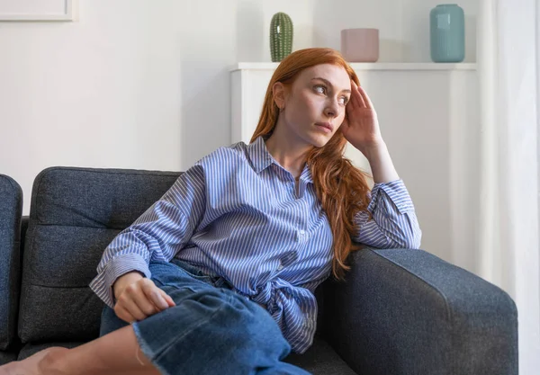 Depressed Woman Sitting Sofa Home Thinking Life Things — Photo