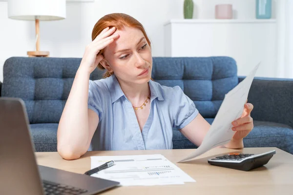 One Woman Examining Documents Using Laptop While Working Home — Stock Photo, Image