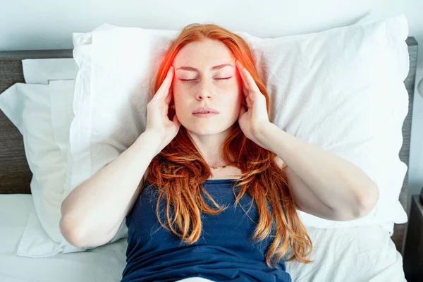 One Woman Suffering Insomnia Disturbed Head Pain — Φωτογραφία Αρχείου