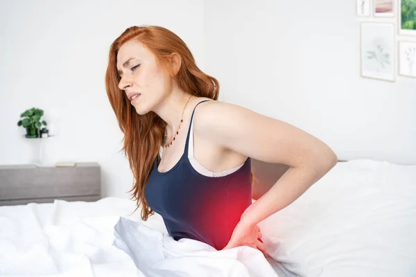 Woman Wake Morning Suffering Back Pain — Fotografia de Stock