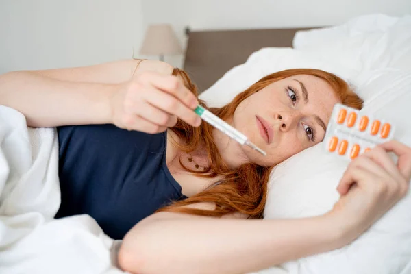 Woman Laying Bed Feeling Bad Because High Fever — Fotografia de Stock