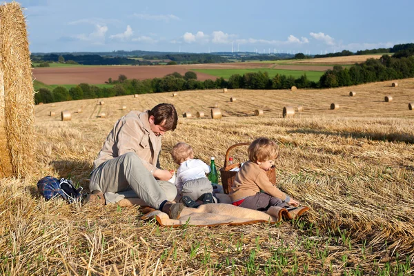 Junger Vater und seine Kleinkinder picknicken auf goldenem Feld — Stockfoto