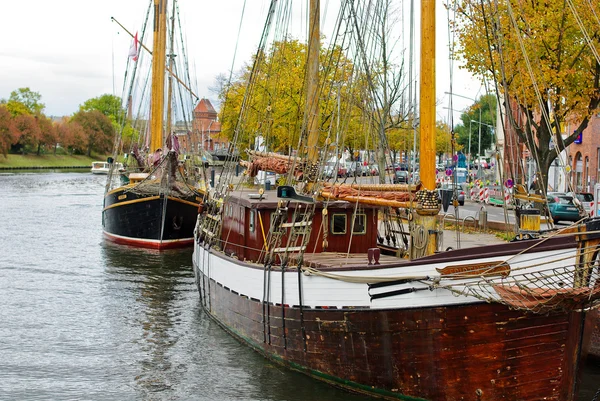 Harbor of German city Luebeck in autumn colors — Stock Photo, Image