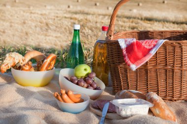 piknik sepeti ve farklı yiyecek ve içecek saman sahasında