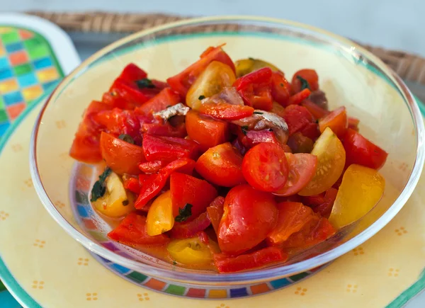 Taze domates salatası fesleğen ve kırmızı biber — Stok fotoğraf