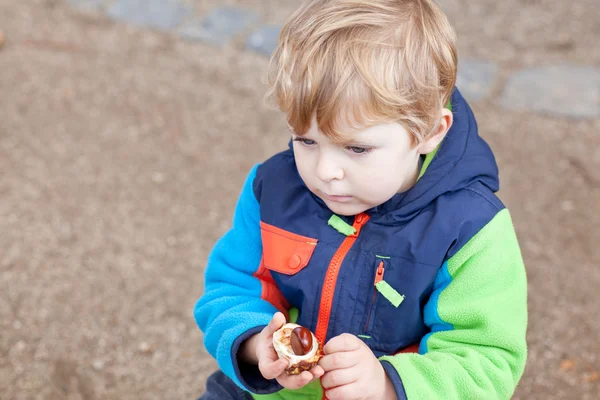 Menino adorável criança em colorido casaco de outono ao ar livre — Fotografia de Stock