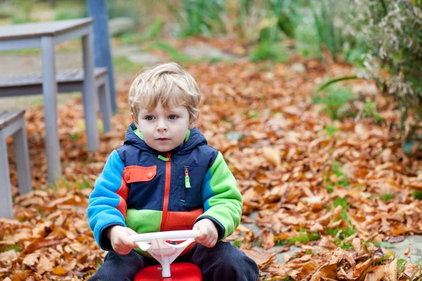 Bellissimo bambino ragazzo in auto nel parco autunnale — Foto Stock