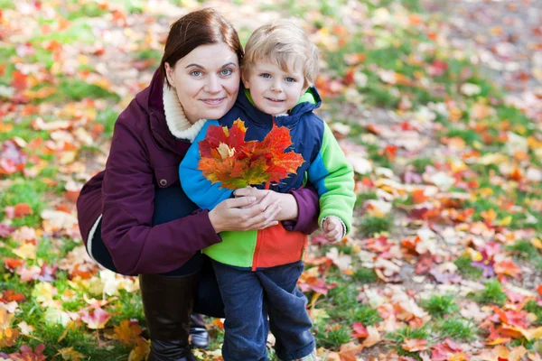 Lovely toddler boy and young woman in the autumn park — Stock Photo, Image