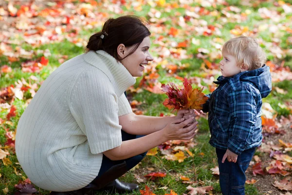 Lilla barn pojke och ung mamma i höst park — Stockfoto