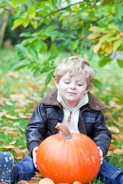 Pequeño niño con gran calabaza naranja en el jardín — Foto de Stock