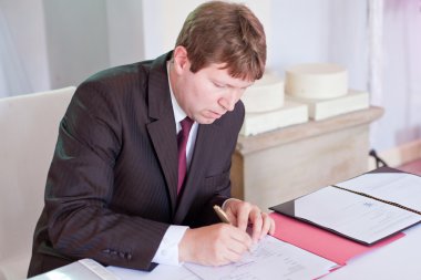 Young marriage celebrant preparing documents for wedding clipart