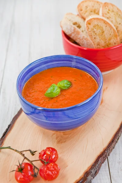 Verse room tomatensoep met organische knoflook en tomaten — Stockfoto