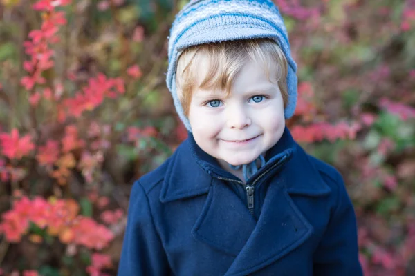 Schöner kleiner Junge in blauem Mantel an einem Wintertag — Stockfoto