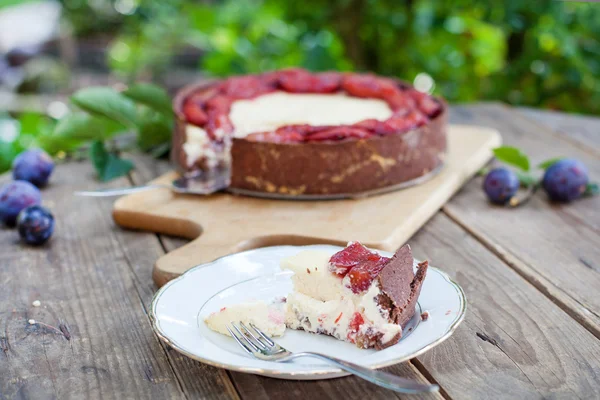 Färskt bakad cheesecake med plommon — Stockfoto