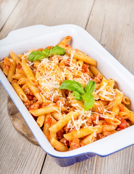 Italian pasta with meat sauce and parmesan cheese — Stock Photo, Image