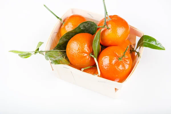 Uma caixa de madeira rústica cheia de laranjas de tangerina clementina . — Fotografia de Stock