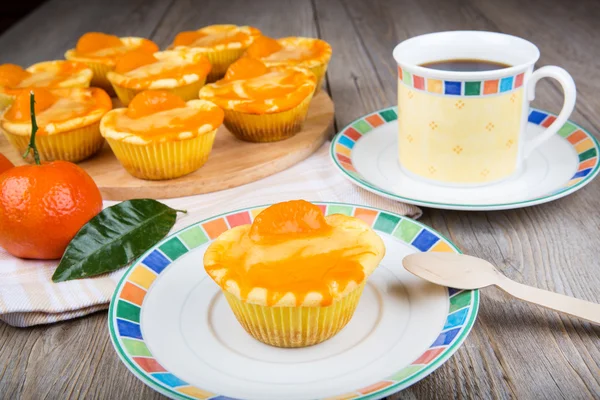 Fresh baked mini clementine cheesecakes in muffin forms — Stock Photo, Image