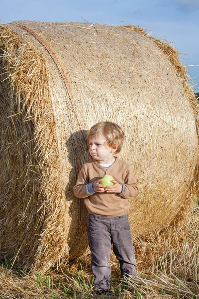 Little toddler eating apple with a big hay bale on field — Stock Photo, Image