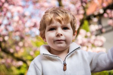 çiçekli ağaç arka planda olan küçük çocuk portresi