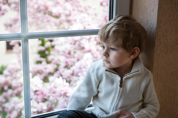 Adorable niño mirando por la ventana — Foto de Stock