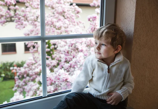 Adorable garçon tout-petit regardant par la fenêtre — Photo