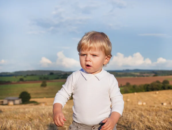 Alman sosisi goden saman sahada yiyen çocuk — Stok fotoğraf
