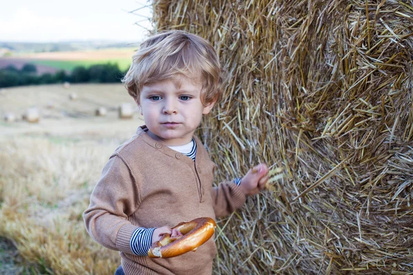 Beau petit garçon de deux ans avec bretzel sur champ de foin — Photo