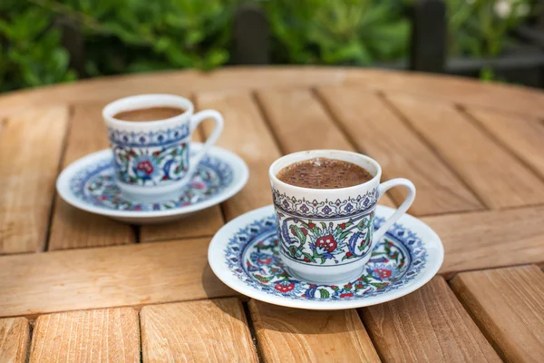 Traditional fresh turkish coffee on wooden table — Stock Photo, Image